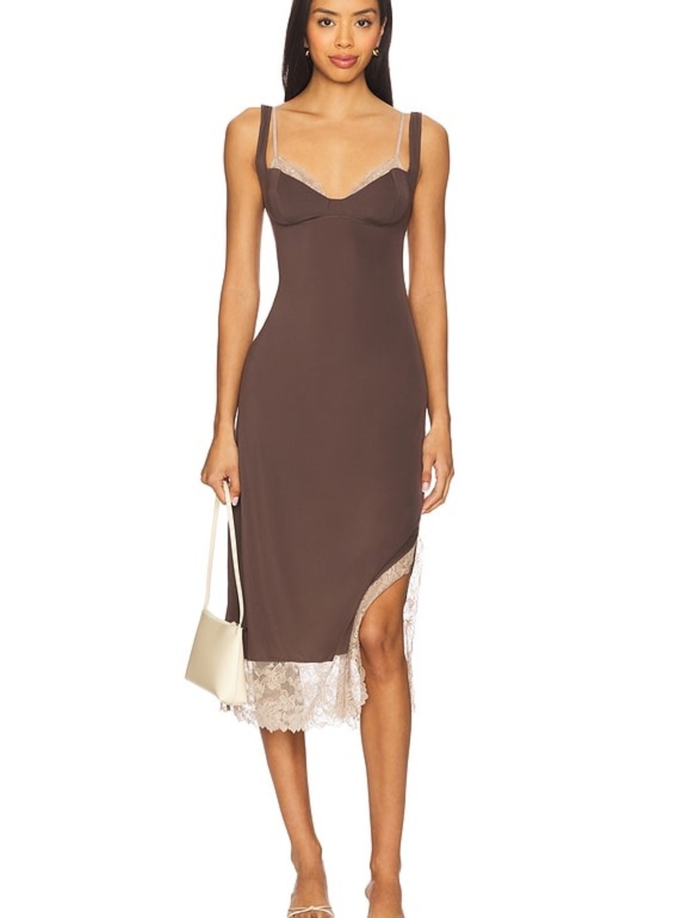 Brown Lace-Trim Slip Dress
